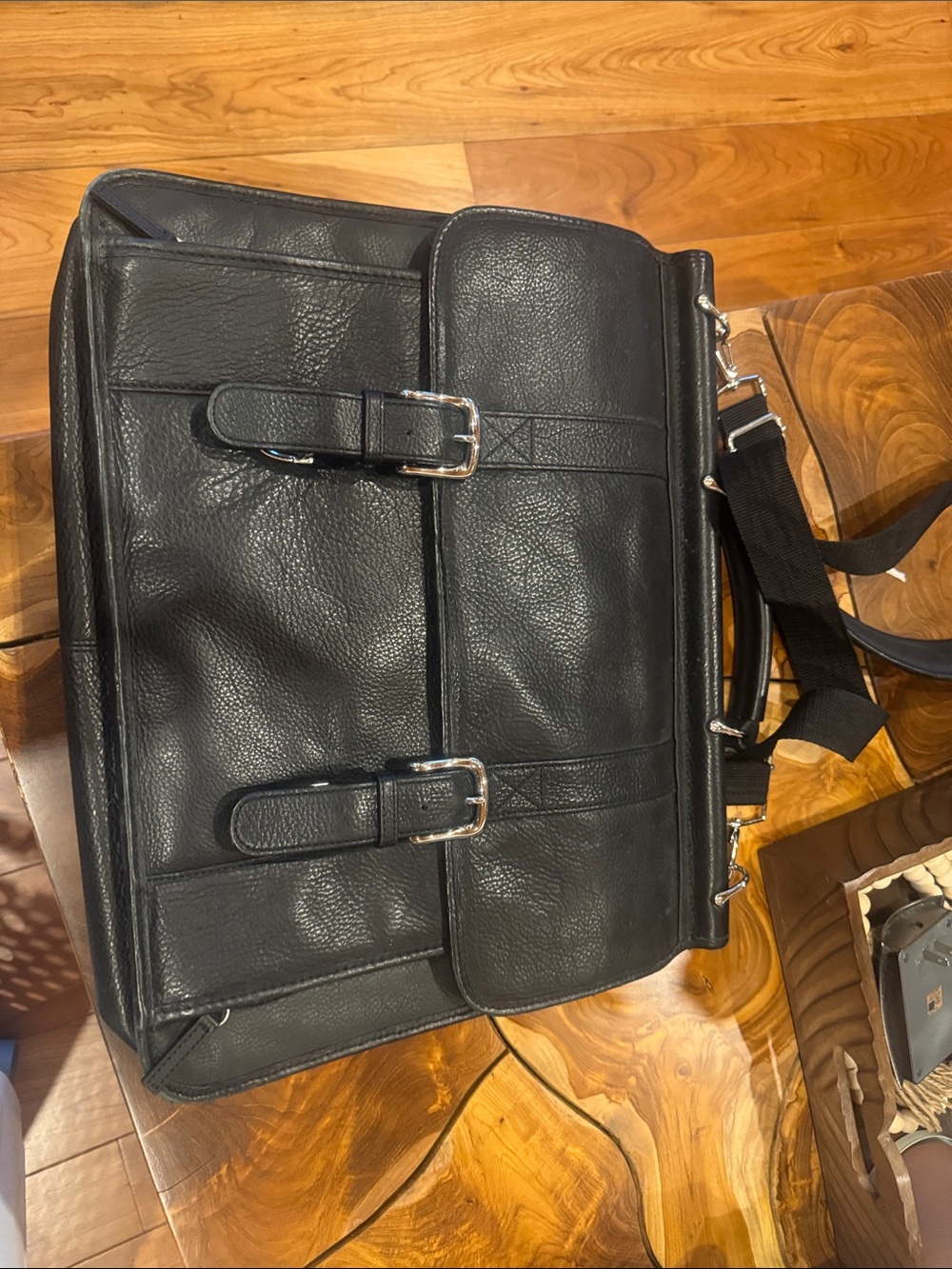 Classic Black Leather Messenger Briefcase with Shoulder Strap